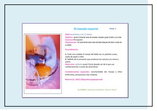 El masajito especial                              Ficha: 1

Edad:nacimiento a los 12 meses
Objetivo: ayuda a fomentar lazos de amistad, empatía, gusto al tacto y a la vista
Favorece:Percepción
Organización: Se recomienda hacer esta actividad después del baño o antes de
su siesta.

Procedimiento:

1. Frote con cuidado el cuerpo del bebé con un pañuelo suave,
toalla de papel o nilón.
2. Háblele de la sensación que producen las caricias y la crema o
aceite.
Materiales: pañuelo suave Crema (puede ser de la que usa
cotidianamente o aceite de almendras)

Consideraciones especiales: recomendable dar masaje a niños
enfermitos, provocamos más malestar.

Referencia: (2011) Babysitterjuegayaprende



                  ALUMNAS: Amairany Castillo B, Karla A. Díaz F.
 