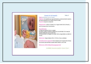 Juega en el espejo                                   Ficha: 3
Edad:nacimiento a los 12 meses
Objetivo: Es importante que vayas estimulando su autoconocimiento corporal y
que mejor empezando con el sentido visual en el bebe.
Favorece:Esquema corporal:

Organización: colocar al bebe en un lugar donde este cómodo y
que le proporcione movimiento.

Procedimiento:
1. Deje que el bebe se mire en un espejo.
2. Ponga un espejo irrompible al costado de la cuna del bebé o en la mesa de
cambiar pañales para que se pueda mirar.
3. Mírese también en el espejo con el bebé. Sonría y haga señales a su bebé con
la mano.

Materiales: Espejo mediano (30 cm. X 20 cm) y Cuna o cambiador

Consideraciones especiales:No es necesario que lo cargues todo el tiempo
(no es bueno) esta actividad la puedes realizar desde su cuna o silla.

Referencia: (2011) Babysitterjuegayaprende

                  ALUMNAS: Amairany Castillo B, Karla A. Díaz F.
 