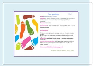 Pies revoltosos                                  Ficha: 4

Edad:Nacimiento a los 12 meses
Objetivo: Al hacerle cosquillas en uno o ambos pies del niño estarás
estimulando las sensaciones dependiendo que pie le hagas
cosquillas.
Favorece: Lateralidad

Organización:El niño acostado sobre una superficie plana y tu de
rodillas junto a él.

Procedimiento:

1. Elige una canción que vaya bien para jugar con los pies y los dedos de los pies
del niño.
2. Pon al niño en una manta suave y arrodíllate a su lado de forma que puedas
coger sus pies.
Materiales: Manta suave,Canciones infantiles Y Tus dedos y los dedos de los
pies del niño.
Consideraciones especiales: No le hagas muchas cosquillas al niño. Como
debes saber por experiencia propia, si se hacen demasiadas cosquillas puede
resultar incómodo.

Referencia: (2011) Babysitterjuegayaprende

                          ALUMNAS: Amairany Castillo B, Karla A. Díaz F.
 