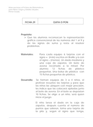Adecuaciones al Fichero de Matemáticas
para Niños Ciegos y Débiles Visuales.
Primer Grado
FICHA 29 QUITA O PON
Propósito:
Que los alumnos reconozcan la representación
gráfica convencional de los números del 1 al 9 y
de los signos de suma y resta al resolver
problemas.
Materiales: Para cada equipo: 6 tarjetas con el
signo + (más) escritos en Braille y 6 con
el signo - (menos). Un dado mediano y
una caja de zapatos. Un bote de
avena recortado a la mitad. Por
alumno: 12 fichas de plástico
pequeñas. Una bolsa de plástico con
15 fichas pequeñas de plástico.
Desarrollo: Se forman equipos de 3 a 4 niños, el
profesor revuelve las tarjetas y para que
los niños las ubiquen con mejor precisión,
les indica que las colocará apiladas junto
al bote de avena. En el bote se depositan
10 fichas. Se elige a un niño, será quien
inicie el juego.
El niño lanza el dado en la caja de
zapatos, después cuenta el número de
puntos que salieron, toma una tarjeta de
la pila y, según el signo que tenga,
100
 