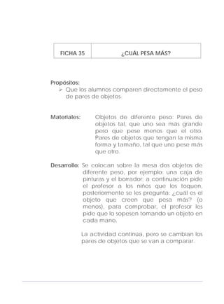 Adecuaciones al Fichero de Matemáticas
para Niños Ciegos y Débiles Visuales.
Primer Grado
FICHA 35 ¿CUÁL PESA MÁS?
Propósitos:
Que los alumnos comparen directamente el peso
de pares de objetos.
Materiales: Objetos de diferente peso: Pares de
objetos tal, que uno sea más grande
pero que pese menos que el otro.
Pares de objetos que tengan la misma
forma y tamaño, tal que uno pese más
que otro.
Desarrollo: Se colocan sobre la mesa dos objetos de
diferente peso, por ejemplo: una caja de
pinturas y el borrador; a continuación pide
el profesor a los niños que los toquen,
posteriormente se les pregunta: ¿cuál es el
objeto que creen que pesa más? (o
menos), para comprobar, el profesor les
pide que lo sopesen tomando un objeto en
cada mano.
La actividad continúa, pero se cambian los
pares de objetos que se van a comparar.
115
 