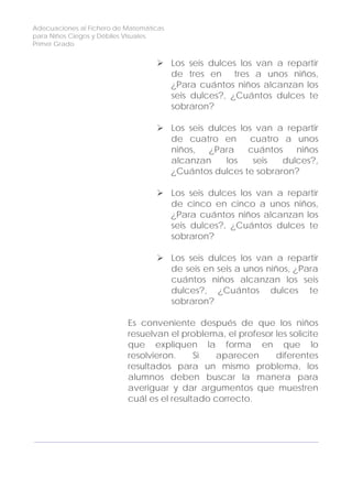 Adecuaciones al Fichero de Matemáticas
para Niños Ciegos y Débiles Visuales.
Primer Grado
Los seis dulces los van a repartir
de tres en tres a unos niños,
¿Para cuántos niños alcanzan los
seis dulces?, ¿Cuántos dulces te
sobraron?
Los seis dulces los van a repartir
de cuatro en cuatro a unos
niños, ¿Para cuántos niños
alcanzan los seis dulces?,
¿Cuántos dulces te sobraron?
Los seis dulces los van a repartir
de cinco en cinco a unos niños,
¿Para cuántos niños alcanzan los
seis dulces?, ¿Cuántos dulces te
sobraron?
Los seis dulces los van a repartir
de seis en seis a unos niños, ¿Para
cuántos niños alcanzan los seis
dulces?, ¿Cuántos dulces te
sobraron?
Es conveniente después de que los niños
resuelvan el problema, el profesor les solicite
que expliquen la forma en que lo
resolvieron. Si aparecen diferentes
resultados para un mismo problema, los
alumnos deben buscar la manera para
averiguar y dar argumentos que muestren
cuál es el resultado correcto.
130
 