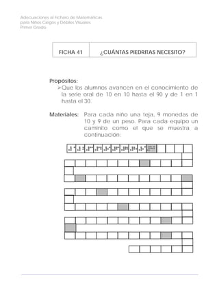 Adecuaciones al Fichero de Matemáticas
para Niños Ciegos y Débiles Visuales.
Primer Grado
FICHA 41 ¿CUÁNTAS PIEDRITAS NECESITO?
Propósitos:
Que los alumnos avancen en el conocimiento de
la serie oral de 10 en 10 hasta el 90 y de 1 en 1
hasta el 30.
Materiales: Para cada niño una teja, 9 monedas de
10 y 9 de un peso. Para cada equipo un
caminito como el que se muestra a
continuación:
132
 