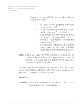 Adecuaciones al Fichero de Matemáticas
para Niños Ciegos y Débiles Visuales.
Primer Grado
Durante la actividad se pueden hacer
preguntas como:
¿A qué casilla llegarás con una
moneda de $10?
¿Con dos monedas de $10 a qué
casillero llegarás?, etcétera.
Si yo tengo una moneda de $10 y
tú tienes 10 monedas de $1,
¿dónde quedarán colocadas
nuestras tejas?
Si colocaste tu teja en un casillero
que tiene escrito un nombre,
¿qué tipo de monedas tomaste?
Nota: Cada vez que un niño coloque su teja en un
casillero, se le indica que diga en voz alta el
número, en caso de no saber el nombre del
número, el profesor lo dice.
Se continúa la actividad solicitando a los niños que
tomen cantidades distintas de monedas, pueden ser:
sólo de $1, sólo de $10 o de ambas.
Variante 1
Material: Para cada niño: 9 monedas de $10, 9
monedas de $1 y dos cajitas.
134
 