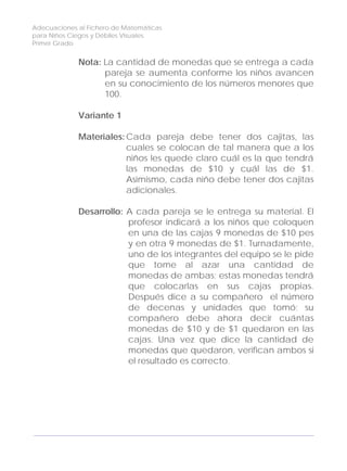 Adecuaciones al Fichero de Matemáticas
para Niños Ciegos y Débiles Visuales.
Primer Grado
Nota: La cantidad de monedas que se entrega a cada
pareja se aumenta conforme los niños avancen
en su conocimiento de los números menores que
100.
Variante 1
Materiales: Cada pareja debe tener dos cajitas, las
cuales se colocan de tal manera que a los
niños les quede claro cuál es la que tendrá
las monedas de $10 y cuál las de $1.
Asimismo, cada niño debe tener dos cajitas
adicionales.
Desarrollo: A cada pareja se le entrega su material. El
profesor indicará a los niños que coloquen
en una de las cajas 9 monedas de $10 pes
y en otra 9 monedas de $1. Turnadamente,
uno de los integrantes del equipo se le pide
que tome al azar una cantidad de
monedas de ambas; estas monedas tendrá
que colocarlas en sus cajas propias.
Después dice a su compañero el número
de decenas y unidades que tomó; su
compañero debe ahora decir cuántas
monedas de $10 y de $1 quedaron en las
cajas. Una vez que dice la cantidad de
monedas que quedaron, verifican ambos si
el resultado es correcto.
146
 