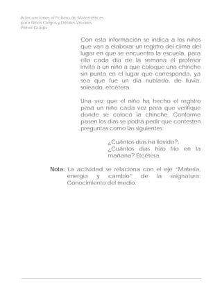Adecuaciones al Fichero de Matemáticas
para Niños Ciegos y Débiles Visuales.
Primer Grado
Con esta información se indica a los niños
que van a elaborar un registro del clima del
lugar en que se encuentra la escuela, para
ello cada día de la semana el profesor
invita a un niño a que coloque una chinche
sin punta en el lugar que corresponda, ya
sea que fue un día nublado, de lluvia,
soleado, etcétera.
Una vez que el niño ha hecho el registro
pasa un niño cada vez para que verifique
donde se colocó la chinche. Conforme
pasen los días se podrá pedir que contesten
preguntas como las siguientes:
¿Cuántos días ha llovido?,
¿Cuántos días hizo frío en la
mañana? Etcétera.
Nota: La actividad se relaciona con el eje “Materia,
energía y cambio” de la asignatura:
Conocimiento del medio.
150
 
