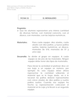 Adecuaciones al Fichero de Matemáticas
para Niños Ciegos y Débiles Visuales.
Primer Grado
FICHA 53 EL MENSAJERO
Propósito:
Que los alumnos representen una misma cantidad
de diversas formas: con material concreto, con el
ábaco, con monedas, con las tarjetas numéricas.
Materiales: Para cada equipo: diez atados, cada
atado con diez palitos, y nueve palitos
sueltos, tarjetas numéricas, un ábaco,
monedas de $10, monedas de $1 y
una caja.
Desarrollo: Se divide al grupo en equipos. A cada
equipo se da uno de los materiales. Ningún
equipo debe tener dos tipos de materiales.
Para iniciar la actividad el profesor dice en
voz baja a un equipo un número, por
ejemplo 54, este equipo debe ahora
representar la cantidad utilizando el
material que se le haya dado, así si le
tocaron los palitos deberá representarlos
con cinco atados de diez palitos y cuatro
palitos sueltos. Cuando ese equipo ha
hecho su representación colocaran el
material en la caja y la llevan a un segundo
equipo.
164
 