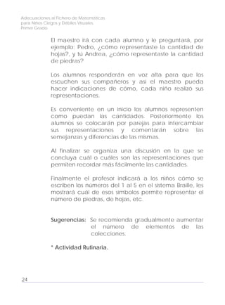 Adecuaciones al Fichero de Matemáticas
para Niños Ciegos y Débiles Visuales.
Primer Grado
El maestro irá con cada alumno y le preguntará, por
ejemplo: Pedro, ¿cómo representaste la cantidad de
hojas?, y tú Andrea, ¿cómo representaste la cantidad
de piedras?
Los alumnos responderán en voz alta para que los
escuchen sus compañeros y así el maestro pueda
hacer indicaciones de cómo, cada niño realizó sus
representaciones.
Es conveniente en un inicio los alumnos representen
como puedan las cantidades. Posteriormente los
alumnos se colocarán por parejas para intercambiar
sus representaciones y comentarán sobre las
semejanzas y diferencias de las mismas.
Al finalizar se organiza una discusión en la que se
concluya cuál o cuáles son las representaciones que
permiten recordar más fácilmente las cantidades.
Finalmente el profesor indicará a los niños cómo se
escriben los números del 1 al 5 en el sistema Braille, les
mostrará cuál de esos símbolos permite representar el
número de piedras, de hojas, etc.
Sugerencias: Se recomienda gradualmente aumentar
el número de elementos de las
colecciones.
* Actividad Rutinaria.
24
 