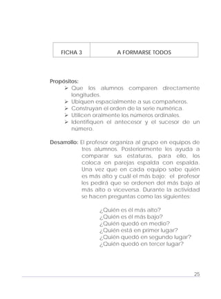 Adecuaciones al Fichero de Matemáticas
para Niños Ciegos y Débiles Visuales.
Primer Grado
FICHA 3 A FORMARSE TODOS
Propósitos:
Que los alumnos comparen directamente
longitudes.
Ubiquen espacialmente a sus compañeros.
Construyan el orden de la serie numérica.
Utilicen oralmente los números ordinales.
Identifiquen el antecesor y el sucesor de un
número.
Desarrollo: El profesor organiza al grupo en equipos de
tres alumnos. Posteriormente les ayuda a
comparar sus estaturas, para ello, los
coloca en parejas espalda con espalda.
Una vez que en cada equipo sabe quién
es más alto y cuál el más bajo; el profesor
les pedirá que se ordenen del más bajo al
más alto o viceversa. Durante la actividad
se hacen preguntas como las siguientes:
¿Quién es él más alto?
¿Quién es él más bajo?
¿Quién quedó en medio?
¿Quién está en primer lugar?
¿Quién quedó en segundo lugar?
¿Quién quedó en tercer lugar?
25
 