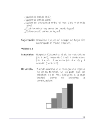 Adecuaciones al Fichero de Matemáticas
para Niños Ciegos y Débiles Visuales.
Primer Grado
¿Quién es él más alto?
¿Quién es él más bajo?
¿Quién se encuentra entre el más bajo y el más
alto?
¿Cuántos niños hay antes del cuarto lugar?
¿Quién quedó en tercer lugar?
Sugerencia: Conviene que en un equipo no haya dos
alumnos de la misma estatura.
Variante 2
Materiales: Regletas Cuisenaire: 15 de las más chicas
(de 1 cm3), 1 roja (de 2 cm3), 1 verde claro
(de 3 cm3) , 1 morada (de 4 cm3) y 1
amarilla (de 5 cm3).
Desarrollo: A cada alumno se le entrega una regleta
de cada tamaño. Se les pide que las
ordenen de la más pequeña a la más
grande como se presenta a
continuación:
27
 