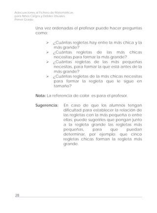Adecuaciones al Fichero de Matemáticas
para Niños Ciegos y Débiles Visuales.
Primer Grado
Una vez ordenadas el profesor puede hacer preguntas
como:
¿Cuántas regletas hay entre la más chica y la
más grande?
¿Cuántas regletas de las más chicas
necesitas para formar la más grande?
¿Cuántas regletas de las más pequeñas
necesitas, para formar la que está antes de la
más grande?
¿Cuántas regletas de la más chicas necesitas
para formar la regleta que le sigue en
tamaño?
Nota: La referencia de color es para el profesor.
Sugerencia: En caso de que los alumnos tengan
dificultad para establecer la relación de
las regletas con la más pequeña o entre
ellas, puede sugerirles que pongan junto
a la regleta grande las regletas más
pequeñas, para que puedan
determinar, por ejemplo: que cinco
regletas chicas forman la regleta más
grande.
28
 