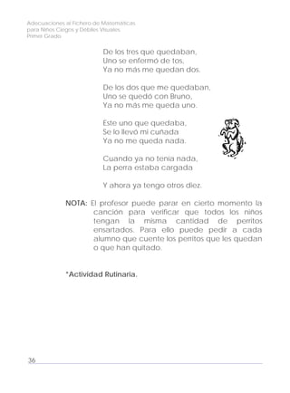 Adecuaciones al Fichero de Matemáticas
para Niños Ciegos y Débiles Visuales.
Primer Grado
De los tres que quedaban,
Uno se enfermó de tos,
Ya no más me quedan dos.
De los dos que me quedaban,
Uno se quedó con Bruno,
Ya no más me queda uno.
Este uno que quedaba,
Se lo llevó mi cuñada
Ya no me queda nada.
Cuando ya no tenía nada,
La perra estaba cargada
Y ahora ya tengo otros diez.
NOTA: El profesor puede parar en cierto momento la
canción para verificar que todos los niños
tengan la misma cantidad de perritos
ensartados. Para ello puede pedir a cada
alumno que cuente los perritos que les quedan
o que han quitado.
*Actividad Rutinaria.
36
 