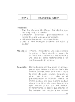 Adecuaciones al Fichero de Matemáticas
para Niños Ciegos y Débiles Visuales.
Primer Grado
FICHA 6 RUEDAN O NO RUEDAN
Propósitos:
Que los alumnos identifiquen los objetos que
ruedan y los que no ruedan.
Comparen distancias perceptualmente o
mediante el apoyo de un intermediario.
Utilicen oralmente los números ordinales.
Que el niño distingan acciones de rodar y
deslizar.
Materiales: 1 Pelota, 2 Bastidores, una caja cerrada
de avena en forma de cilindro, una caja
en forma de cubo o cubo de madera y
una caja de caras rectangulares o un
paralelepípedo de madera.
Desarrollo: El maestro organizará al grupo en parejas,
pedirá que tomen la caja en forma de
cilindro, que la rueden en el suelo o sobre
la mesa de cada equipo. Después se
pide que tomen el cubo o el
paralelepípedo e intenten realizar la
misma acción; de esta manera podrán
descubrir o diferenciar entre los cuerpos
que ruedan y los que no ruedan.
Posteriormente se pedirá que clasifiquen
los cuerpos que ruedan y no ruedan
37
 