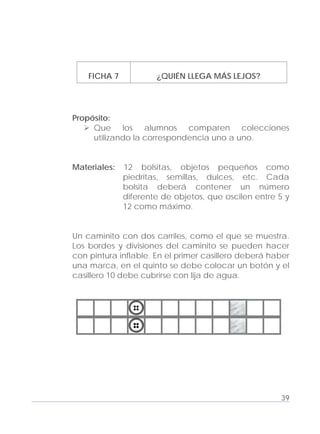 Adecuaciones al Fichero de Matemáticas
para Niños Ciegos y Débiles Visuales.
Primer Grado
FICHA 7 ¿QUIÉN LLEGA MÁS LEJOS?
Propósito:
Que los alumnos comparen colecciones
utilizando la correspondencia uno a uno.
Materiales: 12 bolsitas, objetos pequeños como
piedritas, semillas, dulces, etc. Cada
bolsita deberá contener un número
diferente de objetos, que oscilen entre 5 y
12 como máximo.
Un caminito con dos carriles, como el que se muestra.
Los bordes y divisiones del caminito se pueden hacer
con pintura inflable. En el primer casillero deberá haber
una marca, en el quinto se debe colocar un botón y el
casillero 10 debe cubrirse con lija de agua.
39
 