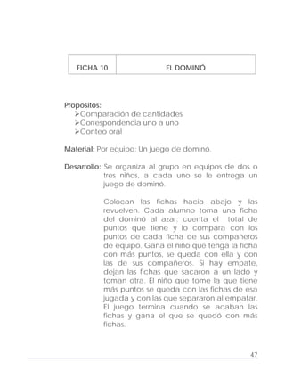 Adecuaciones al Fichero de Matemáticas
para Niños Ciegos y Débiles Visuales.
Primer Grado
FICHA 10 EL DOMINÓ
Propósitos:
Comparación de cantidades
Correspondencia uno a uno
Conteo oral
Material: Por equipo: Un juego de dominó.
Desarrollo: Se organiza al grupo en equipos de dos o
tres niños, a cada uno se le entrega un
juego de dominó.
Colocan las fichas hacia abajo y las
revuelven. Cada alumno toma una ficha
del dominó al azar; cuenta el total de
puntos que tiene y lo compara con los
puntos de cada ficha de sus compañeros
de equipo. Gana el niño que tenga la ficha
con más puntos, se queda con ella y con
las de sus compañeros. Si hay empate,
dejan las fichas que sacaron a un lado y
toman otra. El niño que tome la que tiene
más puntos se queda con las fichas de esa
jugada y con las que separaron al empatar.
El juego termina cuando se acaban las
fichas y gana el que se quedó con más
fichas.
47
 