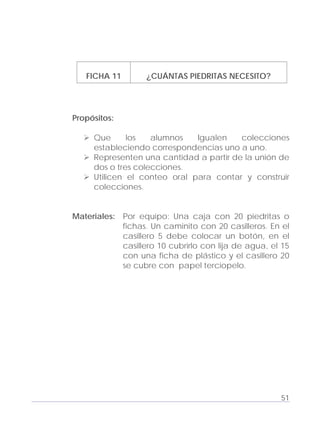 Adecuaciones al Fichero de Matemáticas
para Niños Ciegos y Débiles Visuales.
Primer Grado
FICHA 11 ¿CUÁNTAS PIEDRITAS NECESITO?
Propósitos:
Que los alumnos Igualen colecciones
estableciendo correspondencias uno a uno.
Representen una cantidad a partir de la unión de
dos o tres colecciones.
Utilicen el conteo oral para contar y construir
colecciones.
Materiales: Por equipo: Una caja con 20 piedritas o
fichas. Un caminito con 20 casilleros. En el
casillero 5 debe colocar un botón, en el
casillero 10 cubrirlo con lija de agua, el 15
con una ficha de plástico y el casillero 20
se cubre con papel terciopelo.
51
 