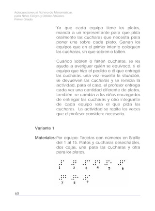 Adecuaciones al Fichero de Matemáticas
para Niños Ciegos y Débiles Visuales.
Primer Grado
Ya que cada equipo tiene los platos,
manda a un representante para que pida
oralmente las cucharas que necesita para
poner una sobre cada plato. Ganan los
equipos que en el primer intento coloquen
las cucharas, sin que sobren o falten.
Cuando sobren o falten cucharas, se les
ayuda a averiguar quién se equivocó, si el
equipo que hizo el pedido o él que entregó
las cucharas, una vez resuelta la situación,
se devuelven las cucharas y se reinicia la
actividad, para el caso, el profesor entrega
cada vez una cantidad diferente de platos,
también se cambia a los niños encargados
de entregar las cucharas y otro integrante
de cada equipo será el que pida las
cucharas. La actividad se repite las veces
que el profesor considere necesario.
Variante 1
Materiales: Por equipo: Tarjetas con números en Braille
del 1 al 15. Platos y cucharas desechables,
dos cajas, una para las cucharas y otra
para los platos.
60
 
