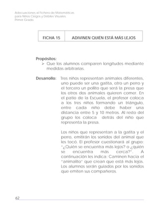 Adecuaciones al Fichero de Matemáticas
para Niños Ciegos y Débiles Visuales.
Primer Grado
FICHA 15 ADIVINEN QUIÉN ESTÁ MÁS LEJOS
Propósitos:
Que los alumnos comparen longitudes mediante
medidas arbitrarias.
Desarrollo: Tres niños representan animales diferentes,
uno puede ser una gatita, otro un perro y
el tercero un pollito que será la presa que
los otros dos animales quieren comer. En
el patio de la Escuela, el profesor coloca
a los tres niños formando un triángulo,
entre cada niño debe haber una
distancia entre 5 y 10 metros. Al resto del
grupo los coloca detrás del niño que
representa la presa.
Los niños que representan a la gatita y el
perro, emitirán los sonidos del animal que
les tocó. El profesor cuestionará al grupo:
“¿Quién se encuentra más lejos? o ¿quién
se encuentra más cerca?”. A
continuación les indica: Caminen hacia el
“animalito” que crean que está más lejos.
Los alumnos serán guiados por los sonidos
que emiten sus compañeros.
62
 