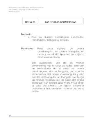 Adecuaciones al Fichero de Matemáticas
para Niños Ciegos y Débiles Visuales.
Primer Grado
FICHA 16 LAS FIGURAS GEOMÉTRICAS
Propósito:
Que los alumnos identifiquen cuadrados,
rectángulos, triángulos y círculos.
Materiales: Para cada equipo: Un prisma
cuadrangular, un prisma triangular, un
cubo y un cilindro (pueden ser cajas o
envases resistentes).
Dos cuadrados: uno de las mismas
dimensiones que la cara del cubo, otro con
las dimensiones de la base del prisma
cuadrangular; dos rectángulos: uno con las
dimensiones del prisma cuadrangular y otro
con las del triangular; un triángulo que tenga
las mismas medidas que las bases del prisma
triangular y un círculo cuyo radio mida el del
la base del cilindro. Las figuras anteriores
deben estar hechas de un material que no se
doble.
64
 