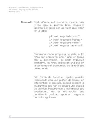 Adecuaciones al Fichero de Matemáticas
para Niños Ciegos y Débiles Visuales.
Primer Grado
Desarrollo: Cada niño deberá tener en su mesa su caja
y las pijas, el profesor hará preguntas
acerca del gusto por las frutas que están
en la tabla:
¿A quién le gusta las uvas?
¿A quién le gusta el mango?
¿A quién le gusta el melón?
¿A quién le gustan las tunas?
Formulada cada pregunta se pide a los
niños que contesten, uno a uno, en forma
oral su preferencia. Por cada respuesta
afirmativa, los niños colocarán una pija en
la parte superior del nombre de la fruta que
corresponda.
Esta forma de hacer el registro, permite
relacionarlo con una gráfica de barras, en
este sentido, el profesor, deberá explicar a
los alumnos que han elaborado una gráfica
de ese tipo. Posteriormente les indicará que
ayudándose de la información que
contiene la gráfica, respondan preguntas
como las siguientes:
72
 