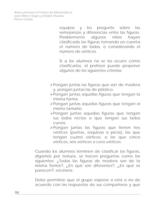Adecuaciones al Fichero de Matemáticas
para Niños Ciegos y Débiles Visuales.
Primer Grado
equipos y les pregunte sobre las
semejanzas y diferencias entre las figuras.
Posiblemente algunos niños hayan
clasificado las figuras tomando en cuenta
el número de lados, o considerando el
número de vértices.
Si a los alumnos no se les ocurre como
clasificarlas, el profesor puede proponer
algunos de los siguientes criterios:
Pongan juntas las figuras que son de madera
y, pongan juntas las de plástico.
Pongan juntas aquellas figuras que tengan la
misma forma.
Pongan juntas aquellas figuras que tengan el
mismo tamaño.
Pongan juntas aquellas figuras que tengan
sus lados rectos o que tengan sus lados
curvos.
Pongan juntas las figuras que tienen tres
vértices (puntas, esquinas o picos), las que
tengan cuatro vértices, o las que cinco
vértices, seis vértices o cero vértices.
Cuando los alumnos terminen de clasificar las figuras,
digamos por textura, se hacen preguntas como las
siguientes: ¿Todas las figuras de madera son de la
misma forma?, ¿En qué son diferentes?, ¿En qué se
parecen?, etcétera.
Debe permitirse que el grupo exprese si está o no de
acuerdo con las respuestas de sus compañeros y que
94
 