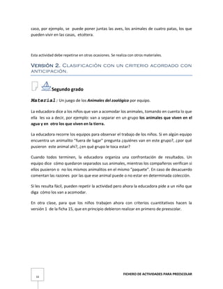 FICHERO DE ACTIVIDADES PARA PREESCOLAR
10
caso, por ejemplo, se puede poner juntas las aves, los animales de cuatro patas, los que
pueden vivir en las casas, etcétera.
Esta actividad debe repetirse en otras ocasiones. Se realiza con otros materiales.
Versión 2. Clasificación con un criterio acordado con
anticipación.
Segundo grado
Material: Un juego de los Animales del zoológico por equipo.
La educadora dice a los niños que van a acomodar los animales, tomando en cuenta lo que
ella les va a decir, por ejemplo: van a separar en un grupo los animales que viven en el
agua y en otro los que viven en la tierra.
La educadora recorre los equipos para observar el trabajo de los niños. Si en algún equipo
encuentra un animalito "fuera de lugar" pregunta ¿quiénes van en este grupo?, ¿por qué
pusieron este animal ahí?, ¿en qué grupo le toca estar?
Cuando todos terminen, la educadora organiza una confrontación de resultados. Un
equipo dice cómo quedaron separados sus animales, mientras los compañeros verifican si
ellos pusieron o no los mismos animalitos en el mismo "paquete". En caso de desacuerdo
comentan las razones por las que ese animal puede o no estar en determinada colección.
Si les resulta fácil, pueden repetir la actividad pero ahora la educadora pide a un niño que
diga cómo los van a acomodar.
En otra clase, para que los niños trabajen ahora con criterios cuantitativos hacen la
versión 1 de la ficha 15, que en principio debieron realizar en primero de preescolar.
 