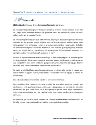 FICHERO DE ACTIVIDADES PARA PREESCOLAR
11
Versión 3. Identificar un criterio de clasificación.
Tercer grado
Material: Un juego de los Animales del zoológico por grupo.
La educadora organiza al grupo. Un equipo se coloca al frente en una mesa en la que hay
un juego de los animales; el resto del grupo se sienta en semicírculo, todos los niños
deben poder ver la mesa del frente.
La educadora pide al equipo que está al frente, se pongan de acuerdo para clasificar los
animales en dos grandes grupos. Es decir, se trata de que elijan un atributo (viven en la
selva, pueden vivir en la casa, vuelan, se arrastran, son grandes) y vean cuáles de todos
los animales lo cumplen y cuáles no. Acomodan a los animales que vayan juntos, mientras
tanto, ella puede platicar con el resto del grupo acerca de los animales, pregunta por
ejemplo: ¿cuáles viven en la selva?, cuales en el mar?
Cuando el equipo del frente termina su trabajo, la educadora pregunta al resto del grupo
si observando los dos grandes grupos de animales, alguien puede decir en qué pensaron
sus compañeros para poner juntos los que pusieron juntos. Los niños del equipo dicen si
es cierto o no. Todos comentan si las respuestas son correctas.
Se repite la actividad hasta que el grupo mantenga el interés, sólo cambia el equipo que
está al frente. En alguna ocasión, la educadora "en secreto" indica al equipo el criterio de
clasificación.
Esta actividad debe repetirse en otra ocasión. Se cambian los materiales.
Esta actividad debe repetirse en otra ocasión. La educadora propone realizar una
clasificación en la que los animales pertenezcan a dos grupos, por ejemplo: los animales
terrestres y los que viven en las casas. Para propiciar que los niños hagan comentarios
sobre esta particularidad de las clasificaciones: dos grupos pueden tener elementos
comunes.
En otra clase, para que los niños trabajen con criterios cuantitativos hacen la versión 2 de
la ficha 13, que en principio debieron realizar en segundo de preescolar.
 