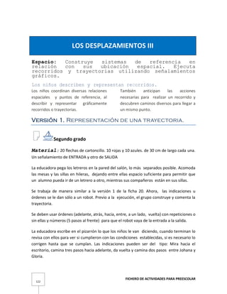 FICHERO DE ACTIVIDADES PARA PREESCOLAR
122
LOS DESPLAZAMIENTOS III
Espacio: Construye sistemas de referencia en
relación con sus ubicación espacial. Ejecuta
recorridos y trayectorias utilizando señalamientos
gráficos.
Los niños describen y representan recorridos.
Los niños coordinan diversas relaciones
espaciales y puntos de referencia, al
describir y representar gráficamente
recorridos o trayectorias.
También anticipan las acciones
necesarias para realizar un recorrido y
descubren caminos diversos para llegar a
un mismo punto.
Versión 1. Representación de una trayectoria.
Segundo grado
Material: 20 flechas de cartoncillo. 10 rojas y 10 azules. de 30 cm de largo cada una.
Un señalamiento de ENTRADA y otro de SALIDA
La educadora pega los letreros en la pared del salón, lo más separados posible. Acomoda
las mesas y las sillas en hileras, dejando entre ellas espacio suficiente para permitir que
un alumno pueda ir de un letrero a otro, mientras sus compañeros están en sus sillas.
Se trabaja de manera similar a la versión 1 de la ficha 20. Ahora, las indicaciones u
órdenes se le dan sólo a un robot. Previo a la ejecución, el grupo construye y comenta la
trayectoria.
Se deben usar órdenes (adelante, atrás, hacia, entre, a un lado, vuelta) con repeticiones o
sin ellas y números (5 pasos al frente) para que el robot vaya de la entrada a la salida.
La educadora escribe en el pizarrón lo que los niños le van diciendo, cuando terminan lo
revisa con ellos para ver si cumplieron con las condiciones establecidas, si es necesario lo
corrigen hasta que se cumplan. Las indicaciones pueden ser del tipo: Mira hacia el
escritorio, camina tres pasos hacia adelante, da vuelta y camina dos pasos entre Johana y
Gloria.
 