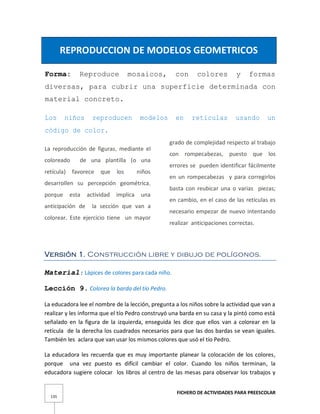FICHERO DE ACTIVIDADES PARA PREESCOLAR
135
REPRODUCCION DE MODELOS GEOMETRICOS
Forma: Reproduce mosaicos, con colores y formas
diversas, para cubrir una superficie determinada con
material concreto.
Los niños reproducen modelos en retículas usando un
código de color.
La reproducción de figuras, mediante el
coloreado de una plantilla (o una
retícula) favorece que los niños
desarrollen su percepción geométrica,
porque esta actividad implica una
anticipación de la sección que van a
colorear. Este ejercicio tiene un mayor
grado de complejidad respecto al trabajo
con rompecabezas, puesto que los
errores se pueden identificar fácilmente
en un rompecabezas y para corregirlos
basta con reubicar una o varias piezas;
en cambio, en el caso de las retículas es
necesario empezar de nuevo intentando
realizar anticipaciones correctas.
Versión 1. Construcción libre y dibujo de polígonos.
Material: Lápices de colores para cada niño.
Lección 9. Colorea la barda del tío Pedro.
La educadora lee el nombre de la lección, pregunta a los niños sobre la actividad que van a
realizar y les informa que el tío Pedro construyó una barda en su casa y la pintó como está
señalado en la figura de la izquierda, enseguida les dice que ellos van a colorear en la
retícula de la derecha los cuadrados necesarios para que las dos bardas se vean iguales.
También les aclara que van usar los mismos colores que usó el tío Pedro.
La educadora les recuerda que es muy importante planear la colocación de los colores,
porque una vez puesto es difícil cambiar el color. Cuando los niños terminan, la
educadora sugiere colocar los libros al centro de las mesas para observar los trabajos y
 