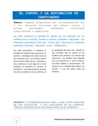 FICHERO DE ACTIVIDADES PARA PREESCOLAR
16
EL CONTEO Y LA ESTIMACION DE
CANTIDADES
Número: Compara colecciones por correspondencia uno
a uno. Reconoce funciones del número. Cuenta y
estima cantidades. Establece relaciones
cuantitativas y espaciales
Los niños comparan la cantidad de objetos de una colección con los
casilleros de un caminito. Cuentan y estiman cantidades. Interactúan con
relaciones cuantitativas ("más que", "menos que", "igual que") y relaciones
espaciales (“antes de”, “detrás de”, “entre”, “delante de”).
Los niños desarrollan, al comparar la
cantidad de casilleros que avanzan en un
caminito, estrategias de conteo como lo
son el conteo uno a uno o contar a partir
de un número dado de una colección; o
bien, observar en qué lugar de la serie
numérica se encuentra un número. El
caminito es una representación concreta
de cómo se ordena la serie numérica, en
su significado de entre más grande es
una cantidad, más se avanza en los
casilleros del caminito y el número que
representa ese casillero está colocado
más a la derecha en la serie numérica.
Los niños amplían su conocimiento del
número en un contexto que refiere a la
función y uso del orden entre los
números.
Versión 1. Correspondencia uno a uno, entre objetos
de una colección y los casilleros de un caminito.
"Quien tiene más objetos avanza más en el caminito".
 