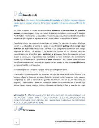 FICHERO DE ACTIVIDADES PARA PREESCOLAR
27
Segundo grado
Material: Dos juegos de los Animales del zoológico y 12 bolsas transparentes por
equipo que se colocan al centro de la mesa. Las cajas (10) que se colocan al frente del
grupo.
Los niños practican el conteo. Un equipo llena bolsas con ocho animalitos, los que ellos
quieran, otro equipo con cinco, con nueve. Se asignan cantidades entre uno y 10 objetos.
Puede haber repeticiones. La educadora recorre los equipos, observando cómo cuentan;
en caso de que alguien se equivoque en el conteo solicita al equipo que le ayude.
Cuando terminen, los equipos intercambian sus bolsas. Por ejemplo, el equipo A lo hace
con el E. La educadora pregunta al equipo A: ¿pueden decir qué le pedí al equipo E que
metieran en sus bolsas? El equipo E verifica si sus compañeros contestan bien. Luego
pregunta lo mismo al equipo E. La educadora observa si sus alumnos recurren
espontáneamente al conteo para contestar la pregunta. Como la pregunta no hace
alusión al conteo, una respuesta de tipo cualitativo es: "que metieran a los animalitos" y
una de tipo cuantitativo es "que metieran siete animalitos". Esta última aparece cuando
los niños consideran que contando los objetos de las bolsas, se sabe con precisión lo que
la maestra le pidió al otro equipo.
Se repite el proceso con otros equipos, hasta que se haga con todos.
La educadora propone guardar las bolsas en las cajas para usarlas otro día. Observa si se
les ocurre hacerlo siguiendo un orden. Quizá en una caja metan bolsas de varios equipos
cumpliendo así con la solicitud de "guardar las bolsas". De ser así, la educadora les
propone, "cierto orden": meter las bolsas que tienen cinco animalitos en la misma caja,
las que tienen nueve en otra, etcétera. Una vez metidas las bolsas se guardan las cajas.
Versión 3. Ordenamiento de colecciones utilizando la
relación: "uno más", "uno menos" y la reubicación de
colecciones en función de agregar o quitar elementos
a la colección original.
Tercer grado
 