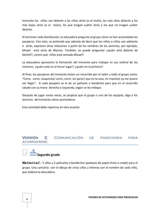 FICHERO DE ACTIVIDADES PARA PREESCOLAR
38
trenecito los niños van delante y las niñas atrás (o al revés), los más altos delante y los
más bajos atrás (o al revés), los que traigan suéter atrás y los que no traigan suéter
delante.
Al terminar cada distribución, la educadora pregunta al grupo cómo se han acomodado los
pasajeros. Con esto, se pretende que además de decir que los niños o niñas van adelante
o atrás, expresen otras relaciones a partir de los nombres de los alumnos, por ejemplo,
Misael está atrás de Marcos. También, se puede preguntar ¿quién está delante de
Xóchitl?, ¿entre qué niños está sentado Misael?
La educadora aprovecha la formación del trenecito para trabajar el uso ordinal de los
números ¿quién está en el tercer lugar?, ¿quién en el primero?
Al final, los pasajeros del trenecito hacen un recorrido por el salón y todo el grupo canta:
"Corre, corre, maquinita/ corre, corre, sin parar/ que en la casa, mi mamita/ ya me quiere
ver llegar". A cada pasajero se le da un pañuelo o banderita para que en el recorrido
salude con su mano derecha o izquierda, según se les indique.
Después de jugar varias veces, se propicia que el grupo o uno de los equipos, diga a los
alumnos del trenecito cómo acomodarse.
Esta actividad debe repetirse en otra ocasión.
Versión 2. Comunicación de posiciones para
acomodarse.
Segundo grado
Material: 5 sillas y 5 pañuelos o banderitas (pedazos de papel china o crepé) para el
grupo. Una cartulina con el dibujo de cinco sillas y letreros con el nombre de cada niño,
que elabora la educadora.
 