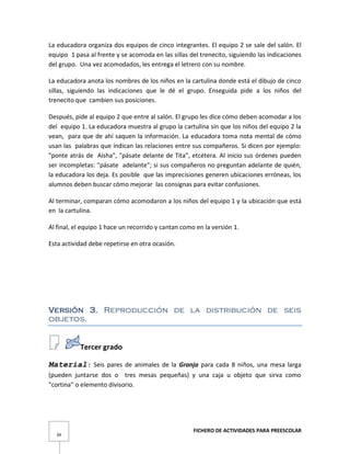 FICHERO DE ACTIVIDADES PARA PREESCOLAR
39
La educadora organiza dos equipos de cinco integrantes. El equipo 2 se sale del salón. El
equipo 1 pasa al frente y se acomoda en las sillas del trenecito, siguiendo las indicaciones
del grupo. Una vez acomodados, les entrega el letrero con su nombre.
La educadora anota los nombres de los niños en la cartulina donde está el dibujo de cinco
sillas, siguiendo las indicaciones que le dé el grupo. Enseguida pide a los niños del
trenecito que cambien sus posiciones.
Después, pide al equipo 2 que entre al salón. El grupo les dice cómo deben acomodar a los
del equipo 1. La educadora muestra al grupo la cartulina sin que los niños del equipo 2 la
vean, para que de ahí saquen la información. La educadora toma nota mental de cómo
usan las palabras que indican las relaciones entre sus compañeros. Si dicen por ejemplo:
"ponte atrás de Aísha", "pásate delante de Tita", etcétera. Al inicio sus órdenes pueden
ser incompletas: "pásate adelante"; si sus compañeros no preguntan adelante de quién,
la educadora los deja. Es posible que las imprecisiones generen ubicaciones erróneas, los
alumnos deben buscar cómo mejorar las consignas para evitar confusiones.
Al terminar, comparan cómo acomodaron a los niños del equipo 1 y la ubicación que está
en la cartulina.
Al final, el equipo 1 hace un recorrido y cantan como en la versión 1.
Esta actividad debe repetirse en otra ocasión.
Versión 3. Reproducción de la distribución de seis
objetos.
Tercer grado
Material: Seis pares de animales de la Granja para cada 8 niños, una mesa larga
(pueden juntarse dos o tres mesas pequeñas) y una caja u objeto que sirva como
"cortina" o elemento divisorio.
 