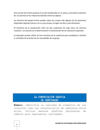 FICHERO DE ACTIVIDADES PARA PREESCOLAR
47
Esta versión de la ficha propicia el uso de coordenadas en un plano, centrando la atención
de los alumnos en las relaciones laterales entre los objetos.
Los alumnos del equipo emisor pueden optar por ocupar sólo algunas de las posiciones
disponibles dejando huecos o en su caso ocupar un lugar con dos o más elementos.
Al momento de la comparación entre las dos cuadrículas de cada mesa, los alumnos
muestran sus avances en la determinación e interpretación de las relaciones espaciales.
La educadora puede utilizar las tres versiones de la cuadrícula para complejizar o facilitar
la actividad, de acuerdo con las necesidades de su grupo.
LA COMUNICACIÓN GRAFICA
DE CANTIDADES
Número: Identifica la cantidad de elementos de una
colección como una característica de semejanza entre
ellos. Utiliza maracas gráficas personales de
números para representar cantidades.
 