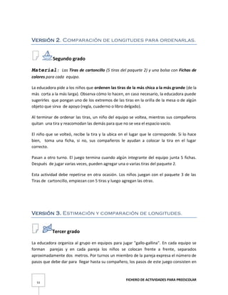 FICHERO DE ACTIVIDADES PARA PREESCOLAR
53
Versión 2. Comparación de longitudes para ordenarlas.
Segundo grado
Material: Las Tiras de cartoncillo (5 tiras del paquete 2) y una bolsa con Fichas de
colores para cada equipo.
La educadora pide a los niños que ordenen las tiras de la más chica a la más grande (de la
más corta a la más larga). Observa cómo lo hacen, en caso necesario, la educadora puede
sugerirles que pongan uno de los extremos de las tiras en la orilla de la mesa o de algún
objeto que sirva de apoyo (regla, cuaderno o libro delgado).
Al terminar de ordenar las tiras, un niño del equipo se voltea, mientras sus compañeros
quitan una tira y reacomodan las demás para que no se vea el espacio vacío.
El niño que se volteó, recibe la tira y la ubica en el lugar que le corresponde. Si lo hace
bien, toma una ficha, si no, sus compañeros le ayudan a colocar la tira en el lugar
correcto.
Pasan a otro turno. El juego termina cuando algún integrante del equipo junta 5 fichas.
Después de jugar varias veces, pueden agregar una o varias tiras del paquete 2.
Esta actividad debe repetirse en otra ocasión. Los niños juegan con el paquete 3 de las
Tiras de cartoncillo, empiezan con 5 tiras y luego agregan las otras.
Versión 3. Estimación y comparación de longitudes.
Tercer grado
La educadora organiza al grupo en equipos para jugar "gallo-gallina". En cada equipo se
forman parejas y en cada pareja los niños se colocan frente a frente, separados
aproximadamente dos metros. Por turnos un miembro de la pareja expresa el número de
pasos que debe dar para llegar hasta su compañero, los pasos de este juego consisten en
 