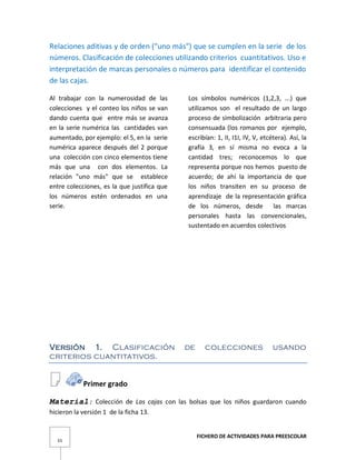 FICHERO DE ACTIVIDADES PARA PREESCOLAR
55
Relaciones aditivas y de orden ("uno más") que se cumplen en la serie de los
números. Clasificación de colecciones utilizando criterios cuantitativos. Uso e
interpretación de marcas personales o números para identificar el contenido
de las cajas.
Al trabajar con la numerosidad de las
colecciones y el conteo los niños se van
dando cuenta que entre más se avanza
en la serie numérica las cantidades van
aumentado, por ejemplo: el 5, en la serie
numérica aparece después del 2 porque
una colección con cinco elementos tiene
más que una con dos elementos. La
relación "uno más" que se establece
entre colecciones, es la que justifica que
los números estén ordenados en una
serie.
Los símbolos numéricos (1,2,3, ...) que
utilizamos son el resultado de un largo
proceso de simbolización arbitraria pero
consensuada (los romanos por ejemplo,
escribían: 1, II, I1I, IV, V, etcétera). Así, la
grafía 3, en sí misma no evoca a la
cantidad tres; reconocemos lo que
representa porque nos hemos puesto de
acuerdo; de ahí la importancia de que
los niños transiten en su proceso de
aprendizaje de la representación gráfica
de los números, desde las marcas
personales hasta las convencionales,
sustentado en acuerdos colectivos
Versión 1. Clasificación de colecciones usando
criterios cuantitativos.
Primer grado
Material: Colección de Las cajas con las bolsas que los niños guardaron cuando
hicieron la versión 1 de la ficha 13.
 