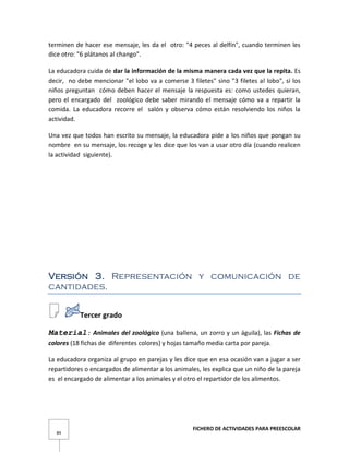FICHERO DE ACTIVIDADES PARA PREESCOLAR
89
terminen de hacer ese mensaje, les da el otro: "4 peces al delfín", cuando terminen les
dice otro: "6 plátanos al chango".
La educadora cuida de dar la información de la misma manera cada vez que la repita. Es
decir, no debe mencionar "el lobo va a comerse 3 filetes" sino "3 filetes al lobo", si los
niños preguntan cómo deben hacer el mensaje la respuesta es: como ustedes quieran,
pero el encargado del zoológico debe saber mirando el mensaje cómo va a repartir la
comida. La educadora recorre el salón y observa cómo están resolviendo los niños la
actividad.
Una vez que todos han escrito su mensaje, la educadora pide a los niños que pongan su
nombre en su mensaje, los recoge y les dice que los van a usar otro día (cuando realicen
la actividad siguiente).
Versión 3. Representación y comunicación de
cantidades.
Tercer grado
Material: Animales del zoológico (una ballena, un zorro y un águila), las Fichas de
colores (18 fichas de diferentes colores) y hojas tamaño media carta por pareja.
La educadora organiza al grupo en parejas y les dice que en esa ocasión van a jugar a ser
repartidores o encargados de alimentar a los animales, les explica que un niño de la pareja
es el encargado de alimentar a los animales y el otro el repartidor de los alimentos.
 
