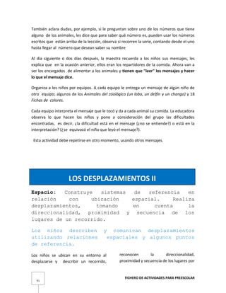 FICHERO DE ACTIVIDADES PARA PREESCOLAR
91
También aclara dudas, por ejemplo, si le preguntan sobre uno de los números que tiene
alguno de los animales, les dice que para saber qué número es, pueden usar los números
escritos que están arriba de la lección, observa si recorren la serie, contando desde el uno
hasta llegar al número que desean saber su nombre
Al día siguiente o dos días después, la maestra recuerda a los niños sus mensajes, les
explica que en la ocasión anterior, ellos eran los repartidores de la comida. Ahora van a
ser los encargados de alimentar a los animales y tienen que "leer" los mensajes y hacer
lo que el mensaje dice.
Organiza a los niños por equipos. A cada equipo le entrega un mensaje de algún niño de
otro equipo; algunos de los Animales del zoológico (un lobo, un delfín y un chango) y 18
Fichas de colores.
Cada equipo interpreta el mensaje que le tocó y da a cada animal su comida. La educadora
observa lo que hacen los niños y pone a consideración del grupo las dificultades
encontradas, es decir, ¿la dificultad está en el mensaje (¿no se entiende?) o está en la
interpretación? (¿se equivocó el niño que leyó el mensaje?).
Esta actividad debe repetirse en otro momento, usando otros mensajes.
LOS DESPLAZAMIENTOS II
Espacio: Construye sistemas de referencia en
relación con ubicación espacial. Realiza
desplazamientos, tomando en cuenta la
direccionalidad, proximidad y secuencia de los
lugares de un recorrido.
Los niños describen y comunican desplazamientos
utilizando relaciones espaciales y algunos puntos
de referencia.
Los niños se ubican en su entorno al
desplazarse y describir un recorrido,
reconocen la direccionalidad,
proximidad y secuencia de los lugares por
 
