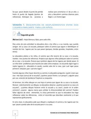 FICHERO DE ACTIVIDADES PARA PREESCOLAR
92
los que pasan desde el punto de partida
hasta el punto de llegada (puntos de
referencia). Anticipan las acciones a
realizar para orientarse e ir de un sitio a
otro y descubren caminos diversos para
llegar a un mismo lugar.
Versión 1. Descripción de desplazamientos entre dos
lugares familiares para los niños.
Segundo grado
Material: Hojas blancas y lápiz, para cada niño.
Días antes de esta actividad, la educadora dice a los niños y a sus mamás, que cuando
vengan de su casa a la escuela, platiquen sobre el camino que siguen e identifiquen el
nombre de tres lugares por los que pasan (parques, tiendas grandes, hospitales, entre
otros).
La educadora platica a los niños, el camino que ella recorre de su casa a la escuela,
nombra tres puntos de referencia. Propicia que algunos niños platiquen sobre el camino
de su casa a la escuela. Procura que nombren alguno de los lugares por donde pasan. Si
un niño tiene problemas para hacerla (no sabe cómo empezar, no recuerda algún lugar o
repite lugares) la educadora le ayuda: cuando sales de tu casa, ¿por cuál lugar pasas
primero?, después ¿por cuál otro lugar?
Cuando algunos niños hayan descrito su camino, la educadora pregunta: ¿quién creen que
vive más lejos (cerca) de la escuela?, ¿quiénes pasan frente a un parque?, ¿alguien pasa
por una estación de bomberos? Explican su respuesta.
Al terminar, los niños dibujan en una hoja el camino que siguen de su casa a la escuela.
Revisan colectivamente sus dibujos, la educadora observa: ¿quiénes pusieron su casa y la
escuela?, ¿cuántos dibujos hicieron entre la escuela y su casa?, ¿están en el orden
correcto?, ¿usaron alguna marca para señalar la direccionalidad del camino? Pueden
faltar algunos de estos elementos, lo único pertinente es que la educadora los haga
reflexionar sobre las diferencias, entre el recorrido que describen oralmente y el que
representan gráficamente.
En otra clase, la educadora pide que dibujen y expliquen el camino y los lugares por los
que pasan cuando salen de la escuela para ir a su casa.
 