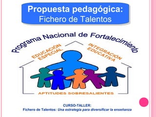 Propuesta pedagógica:
Fichero de Talentos
Propuesta pedagógica:
Fichero de Talentos
CURSO-TALLER:
Fichero de Talentos: Una estrategia para diversificar la enseñanza
 