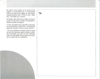 b. Colocar varias t.1rjel.1S en 1.1S nlL'5.1S de los
equipos . Es conveniente que no correspondan
I(KI.lS .1 los niños de un ('<luiIKl, de esta manera
espontáneamente dirén: "El mío no l.'Slá", ' faltan
dos", -nos sobró uno", etcétera.
4, Cuando cada niño nene su tarjeta, (,1maestro
enseña las que hayan sobrado tcorresponden a
alumnos ausentes) y pregunl.l :
"Y éstas, zde quienes son?, équé dir.í en esta tarje-
la?, iy en es ta otrat, leu.il es 1,1de..," (nombra lade
algtin niño ausente), "'ia'mlOse dieron cuenta¡"
En 01ras actividades, el maestro sollcitnla ayuda
de uno o dos niños p.lra rcp.utír trabajos ()cuader-
nos, procu rando qu e cad, vez sean diferent es
nlños . con el propósito de qu e todos vayan leven -
do los nombres de sus compañ eros.
 