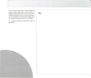 ,'J. Los niños se turnan p.n.l ocu p.lr ellu~.n del ( ~ -
nuestro. eligen algún texto y simulan I('('r un
fr.lglllt'nto de algúncuento, Iollcto o periódico,
trata ndode imitarene..ada casocltipo de I('ngua-
je corrcspondíen tea Ll inf()fm.lciim1'!LWd.1,p.lr.l
que el grupo .ldivine el m.lt'ri.ll en CUt.~ ión.
() • Los niú os chsíñcan los m.rteriale-s ,mtes de
guardarlos.
 