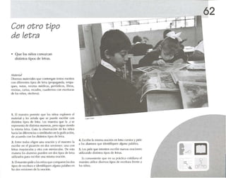 Con otro tipo
de letra
• Q ue los niños conozcan
distintos tipos de letras.
A l.1tt'ri.1!
Diversos rn.lll"ri.lll"S <!Ul"cHntl'n~m textos l'soilns
co n diferentes tipos de lelr.) (prop.l¡}md.l, l"mp.l-
ques, notas, rt't:t'I.1S Im"d ie.l!>, periódico'), libros.
revistas, carta s, rt'<".l t!O'>, cuadernos c on escrituras
de los niños, ('lcl'h'r.ll.
1. El m.n-stru pcrmítc quP los niúos expton-n el
material Y les Sl'ñ.ll.l qUl' se p Ul"<ll' cscnbir rt m
distintos tipos lit:' k-Ira. Les mues tr.r que la .1 se
representa de distintas maneras. pero sigue siendo
1.1 mism.l Iptr.l. Guí,) 1.1 ohserv,U:;(Hl de los niños
h.l("¡,¡ I.IStliferl'lll"i,ISu similitudes vu 1.1 ¡.:rafic.lciún, .
dl' .uncrdo rtm los di..tintos tipos de letra.
2. Erun- lodos l'liW'1l una m,leión y PI rnacstro 1,1
esnil)(' e-n ,,1pi/ ,Hrún l'n dos versiones : uu.t con
k-tras 1ll,YlISClll,s y olra ron minúscul.rs. Do PSt,l
m<illt'ril los alumnos plU'dt'n ver dos tipos de 1l'lr,l
utili/ <idos JI,lra r-srribir una mism, or.niún.
:1. Elmaestro pide a los nirlOSque co ml),rt'n los dos
tipos de l'Snitur,l l' ilil'lltifiquen algulI,lll.ll.lbra ('11
1,ISdos versiones de 1, orariún.
4. Escribe la mism,l or,lciún en letra cursiva y pide
, los .rlumnos qut' ldentlflquen ,lgull.l p.l1.1br,1.
5. Les piel!' (jUl ' inteuu-n escrihir nuev.rs oraciones
ulili/ ,mdo dlsthuos lipos dI' k-t r,rs.
Es conVt'nil'ntl' qUl' en su pr,klic<i colidi,lrlol el
rn.n-stro ulilin' diversos tipos dl~ t'snitur,1 frl'ntl' a
los niños.
62
 