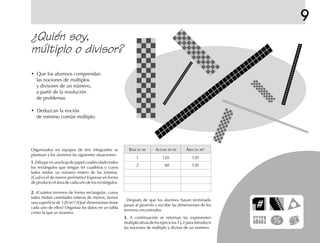 Organizados en equipos de tres integrantes se
plantean a los alumnos las siguientes situaciones:
1.1.1.1.1.Dibujarenunahojadepapelcuadriculadotodos
los rectángulos que tengan 64 cuadritos y cuyos
lados midan un número entero de los mismos.
¿Cuál es el de menor perímetro? Expresar en forma
de producto el área de cada uno de los rectángulos.
2.2.2.2.2. ¿Cuántos terrenos de forma rectangular, cuyos
lados midan cantidades enteras de metros, tienen
una superficie de 120 m2
? ¿Qué dimensiones tiene
cada uno de ellos? Organiza los datos en un tabla
como la que se muestra:
¿Quién soy,
múltiplo o divisor?
BASE EN m ALTURA EN m ÁREA EN m2
1 120 120
2 60 120
Después de que los alumnos hayan terminado
pasan al pizarrón a escribir las dimensiones de los
terrenos encontrados.
3.3.3.3.3. A continuación se retoman las expresiones
multiplicativas de los ejercicios 1 y 2 para introducir
las nociones de múltiplo y divisor de un número.
• Que los alumnos comprendan
las nociones de múltiplos
y divisores de un número,
a partir de la resolución
de problemas.
• Deduzcan la noción
de mínimo común múltiplo.
9
fich mat 6/bueno 25-40 5/29/01, 4:39 PM27
 