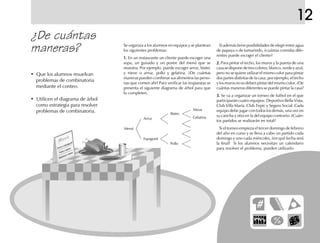 ¿De cuántas
maneras?
12
Si además tiene posibilidades de elegir entre agua
de papaya o de tamarindo, ¿cuántas comidas dife-
rentes puede escoger el cliente?
2.2.2.2.2. Para pintar el techo, los muros y la puerta de una
casasedisponedetrescolores:blanco,verdeyazul,
pero no se quiere utilizar el mismo color para pintar
dos partes distintas de la casa; por ejemplo, el techo
y los muros no se deben pintar del mismo color. ¿De
cuántas maneras diferentes se puede pintar la casa?
3.3.3.3.3. Se va a organizar un torneo de futbol en el que
participarán cuatro equipos: Deportivo Bella Vista,
Club Villa María, Club Tepic y Seguro Social. Cada
equipo debe jugar con todos los demás, una vez en
su cancha y otra en la del equipo contrario. ¿Cuán-
tos partidos se realizarán en total?
Si el torneo empieza el tercer domingo de febrero
del año en curso y se lleva a cabo un partido cada
domingo y uno cada miércoles, ¿en qué fecha será
la final? Si los alumnos necesitan un calendario
para resolver el problema, pueden utilizarlo.
Se organiza a los alumnos en equipos y se plantean
los siguientes problemas:
1.1.1.1.1. En un restaurante un cliente puede escoger una
sopa, un guisado y un postre del menú que se
muestra. Por ejemplo, puede escoger arroz, bistec
y nieve o arroz, pollo y gelatina. ¿De cuántas
maneras pueden combinar sus alimentos las perso-
nas que comen ahí? Para verificar las respuestas se
presenta el siguiente diagrama de árbol para que
lo completen.
• Que los alumnos resuelvan
problemas de combinatoria
mediante el conteo.
• Utilicen el diagrama de árbol
como estrategia para resolver
problemas de combinatoria.
Menú
Pollo
Arroz
Espagueti
Bistec
Nieve
Gelatina
fich mat 6/bueno 25-40 5/29/01, 4:39 PM33
 