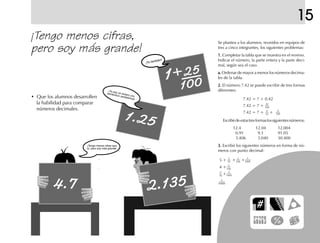 ¡Tengo menos cifras,
pero soy más grande!
15
Se plantea a los alumnos, reunidos en equipos de
tres a cinco integrantes, los siguientes problemas:
1.1.1.1.1. Completar la tabla que se muestra en el reverso.
Indicar el número, la parte entera y la parte deci-
mal, según sea el caso.
a.a.a.a.a. Ordenar de mayor a menor los números decima-
les de la tabla.
2.2.2.2.2. El número 7.42 se puede escribir de tres formas
diferentes:
7.42 = 7 + 0.42
7.42 = 7 +
7.42 = 7 + +
Escribirdeestastresformaslossiguientesnúmeros:
12.4 12.04 12.004
0.91 9.1 91.05
3.406 3.040 30.400
3.3.3.3.3. Escribir los siguientes números en forma de nú-
meros con punto decimal:
• Que los alumnos desarrollen
la habilidad para comparar
números decimales.
5 + + +
4 +
+
¡Yo soy un entero con
veinticinco centésimos!
¡Yo también!
¡Tengo menos cifras que
tú, pero soy más grande!
42
100
4
10
2
100
3
10
2
100
4
1000
3
100
4
10
5
1000
4
10000
fich mat 6/bueno 25-40 5/29/01, 4:40 PM39
 