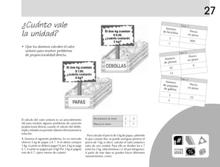 27
¿Cuánto vale
la unidad?
• Que los alumnos calculen el valor
unitario para resolver problemas
de proporcionalidad directa.
Número
Preciode bicicletas en pesos
5
600
7
TABLA 1
Número
Precio
de plumas en pesos
10
9
11
TABLA 2
Número
Preciode paquetes en pesosde galletas
3
12
5
TABLA 3
Para calcular el precio de 3 kg de papas, sabiendo
lo que cuestan dos, se puede averiguar primero el
precio de 1 kg; es decir, calcular el valor unitario o
valor de una unidad. Para ello se dividen los $ 7
entre los 2 kg, obteniéndose $ 3.50 por kilogramo.
A partir de este dato se pueden hacer diferentes
razonamientos, como:
KILOGRAMOS DE PAPAS 2 3
PRECIO EN PESOS 7 ?
El cálculo del valor unitario es un procedimiento
útil para resolver algunos problemas de variación
proporcional directa cuando el cálculo del doble,
tripleymitadesnopermiteobtenerdirectamentela
solución.
1.1.1.1.1. Veamos el siguiente problema: En un mercado
ofrecen 2 kg de papas a $ 7. Si se desea comprar
3 kg, ¿cuánto se deberá pagar? Si por 2 kg se paga
$ 7, ¿cuánto se pagará por 4 kg? Por 3 kg se pagará
más de $ 7, ¿pero menos de cuánto?
fich mat 6/bueno 41-64 5/29/01, 4:31 PM63
 