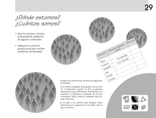 CONTINENTE
EXTENSIÓN TERRITORIAL
POBLACIÓN
EN km
2
África
América
743 000 000
Antártida
3 331 500 000
Asia
Europa
Oceanía
29
¿Dónde estamos?
¿Cuántos somos?
• Que los alumnos calculen
la densidad de población
de algunos continentes.
• Apliquen la variación
proporcional para resolver
problemas de densidad.
Se pide a los alumnos que resuelvan las siguientes
actividades:
1.1.1.1.1. En el libro Geografía. Sexto grado, en la lección
12, “Continentes y países” (p. 65), se presenta
información acerca del número de habitantes y la
extensión en kilómetros cuadrados de los seis
continentes: África, América, Antártida, Asia, Eu-
ropa y Oceanía.
a.a.a.a.a. Se pide a los alumnos que busquen dicha
información y la organicen en una tabla como la
que se muestra:
fich mat 6/bueno 65-96 5/29/01, 4:03 PM67
 
