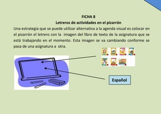 FICHA 8
Letreros de actividades en el pizarrón
Una estrategia que se puede utilizar alternativa a la agenda visual es colocar en
el pizarrón el letrero con la imagen del libro de texto de la asignatura que se
está trabajando en el momento. Esta imagen se va cambiando conforme se
pasa de una asignatura a otra.

Español

 