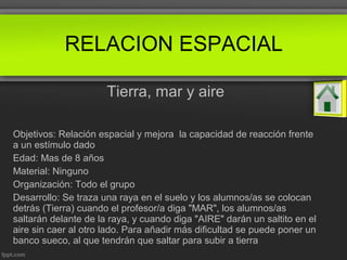 Tierra, mar y aire
Objetivos: Relación espacial y mejora la capacidad de reacción frente
a un estímulo dado
Edad: Mas de 8 años
Material: Ninguno
Organización: Todo el grupo
Desarrollo: Se traza una raya en el suelo y los alumnos/as se colocan
detrás (Tierra) cuando el profesor/a diga "MAR", los alumnos/as
saltarán delante de la raya, y cuando diga "AIRE" darán un saltito en el
aire sin caer al otro lado. Para añadir más dificultad se puede poner un
banco sueco, al que tendrán que saltar para subir a tierra
RELACION ESPACIAL
 